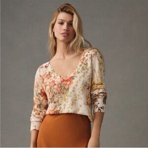 Anthropologie Floral linen blend v-neck sweater size extra large